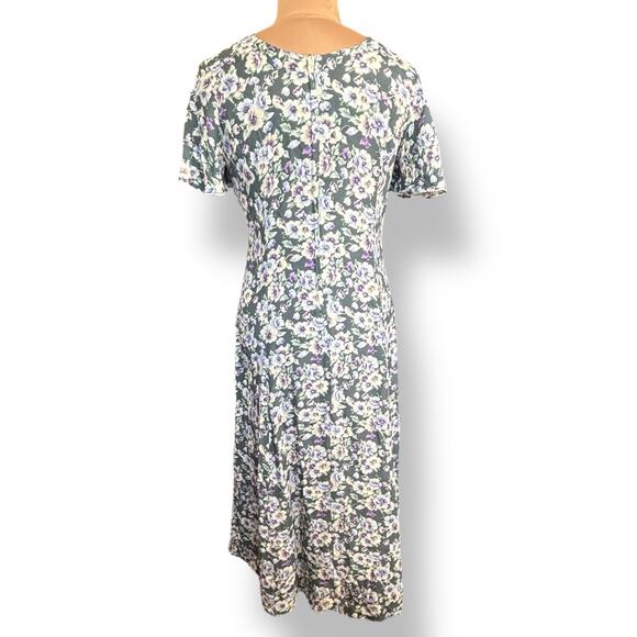 Vintage 90s CDC Petites Floral Rayon Dress Purple White Rosettes Cottagecore 8 - Picture 6 of 10